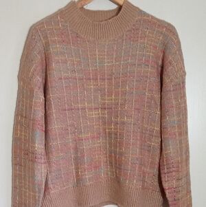 Tan with multicolor yarn crew neck sweater boxy fit women's size large
